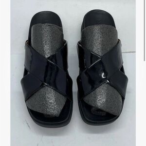 UGG Black Patent Crisscross Slide Mules